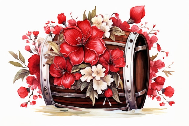 Photo watercolor red floral barrel vintage basket blossom generate ai