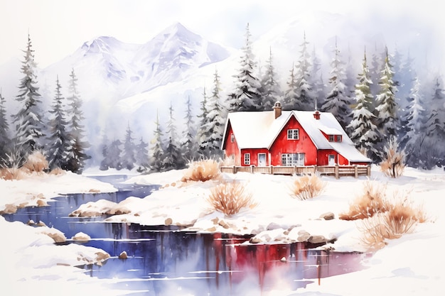 Watercolor red house in winter forest