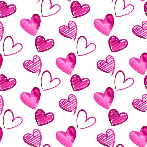 Набор акварельных красных, розовых, фиолетовых сердец. Счастливая открытка ко Дню святого Валентина Бесшовная текстура с забавной водой