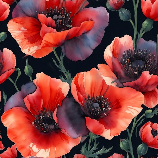 Watercolor red poppies flowers illustration seamless pattern