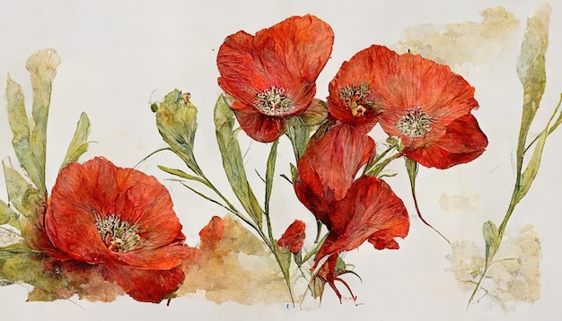 Watercolor red poppies Wildflower set isolated on white