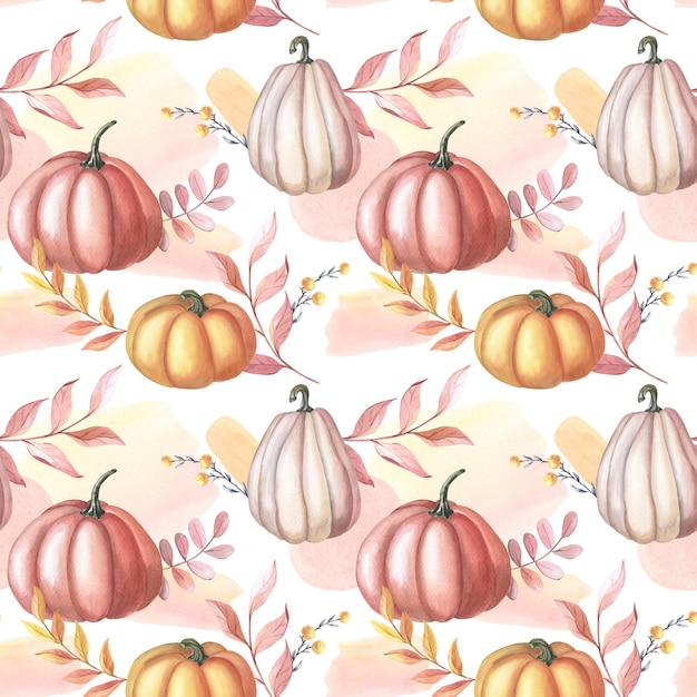 Photo watercolor red pumpkin and autumn leaves on white background. seamless pattern with watercolour spots