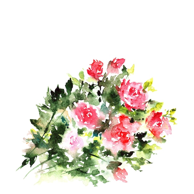 인사말 웨딩 카드 디자인을 위한 수채화 빨간 장미 꽃 꽃다발 그림