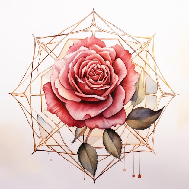 Watercolor red rose with geometric frame