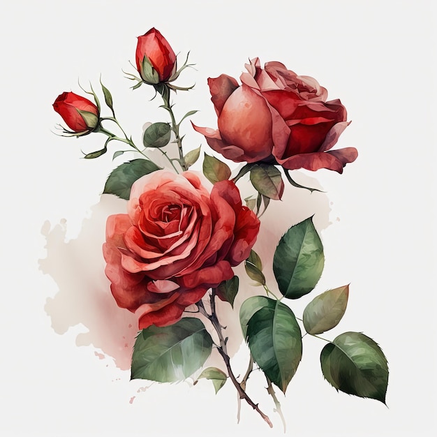 水彩の赤いバラのイラスト 結婚式の招待状 ボタニカル アート プリント