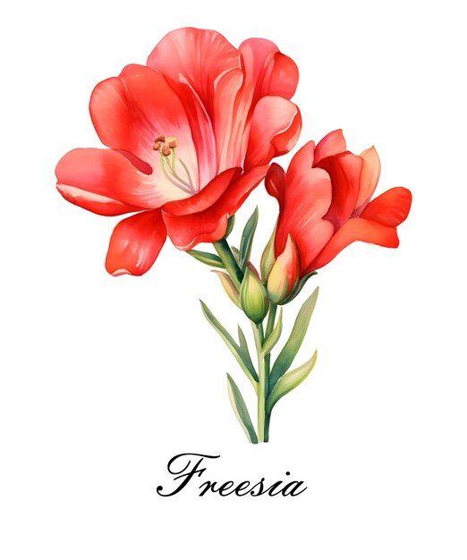 Watercolor red single freesia flower Watercolor botanical illustration isolated