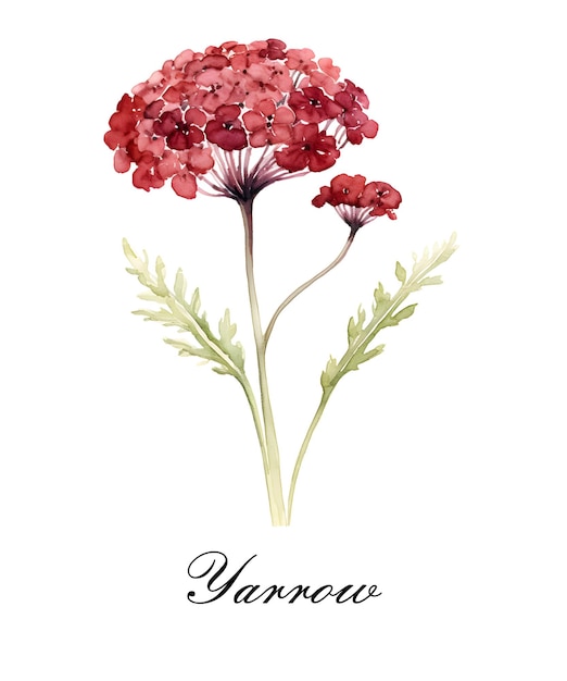 Watercolor red single yarrow flower Watercolor botanical illustration isolated