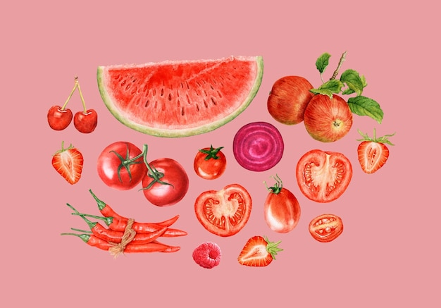 Watercolor red vegetables and fruit isolated on pink background watermelon apples tomatoes etc