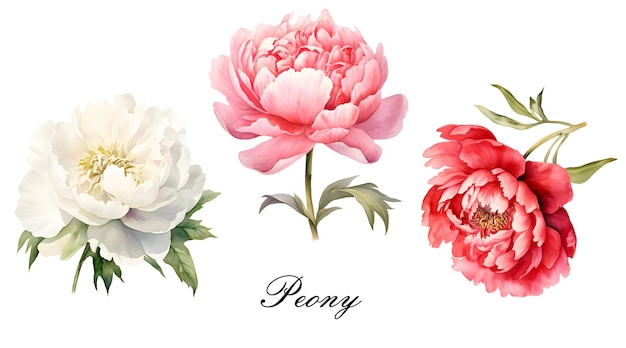 Foto acquerello rosso bianco e rosa fiore di peonia acquerello illustrazione botanica isolata