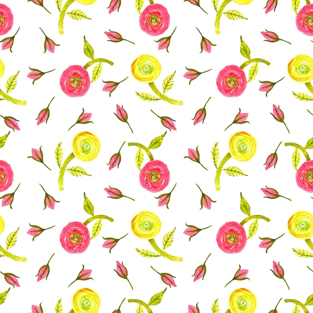 Photo watercolor red,yellow,lemon green ranunculus, green leaf and red rose bud seamless pattern