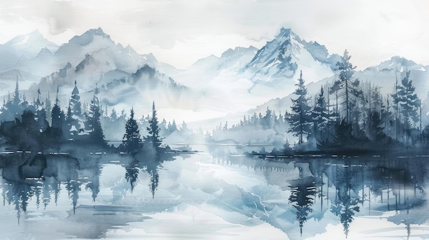 Photo watercolor reflection of mountains and trees in cool tones