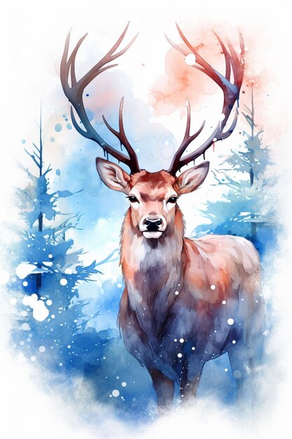 watercolor reindeer on magic winter background