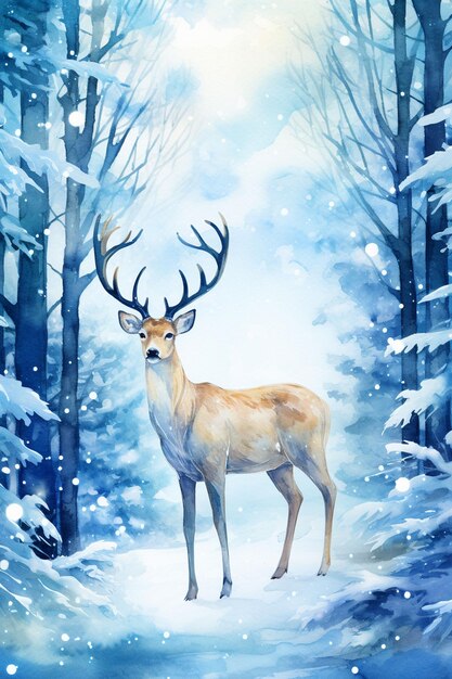 watercolor reindeer on magic winter background