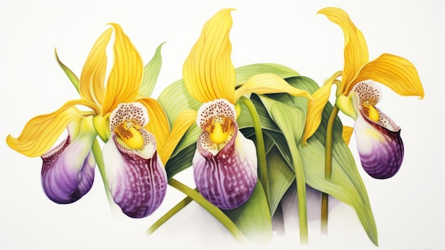 Watercolor Rendering of Yellow and Purple Lady Slippers AI Generated