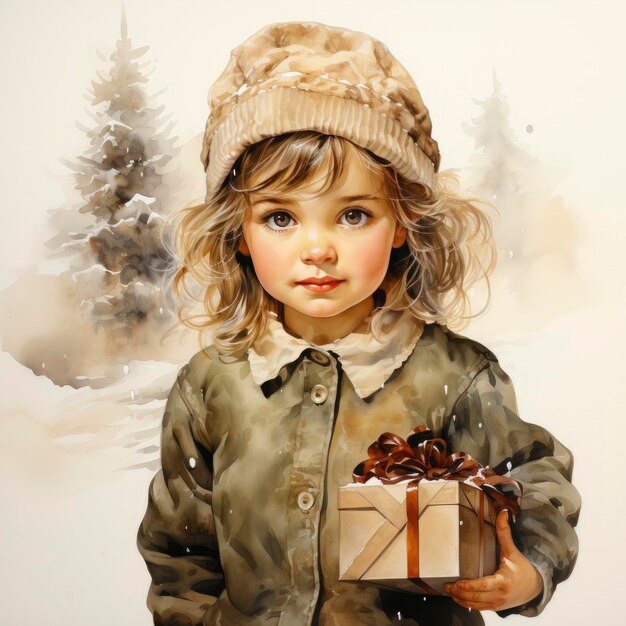 Watercolor representation of a child discovering gifts on christmas