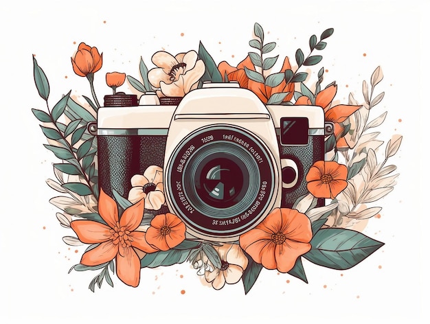 Watercolor retro camera surrounded by flowers isolated on white