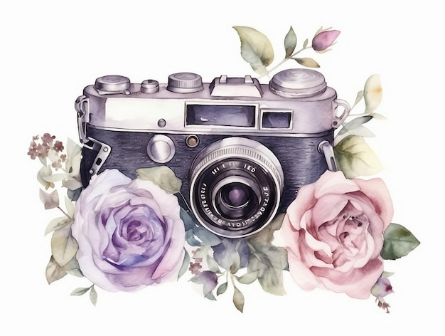 Photo watercolor retro camera surrounded by flowers isolated on white