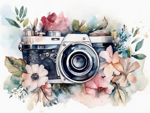 Watercolor retro camera surrounded by flowers isolated on white