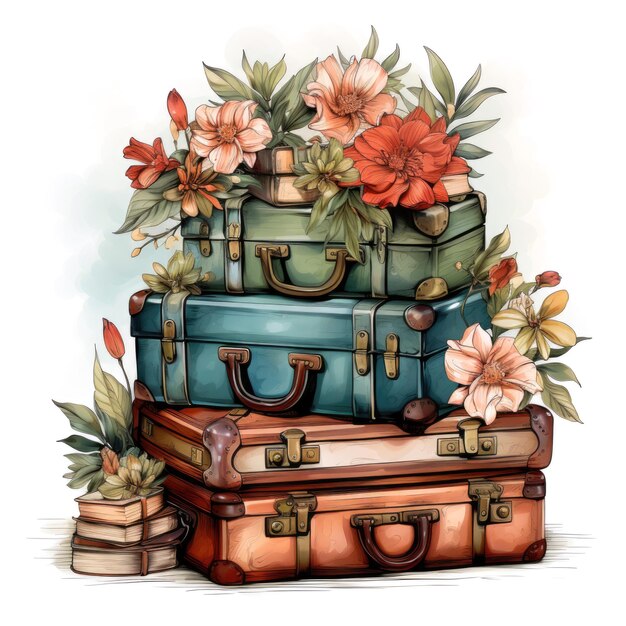 Watercolor retro suitcases with flowers isolated on white background AI generative