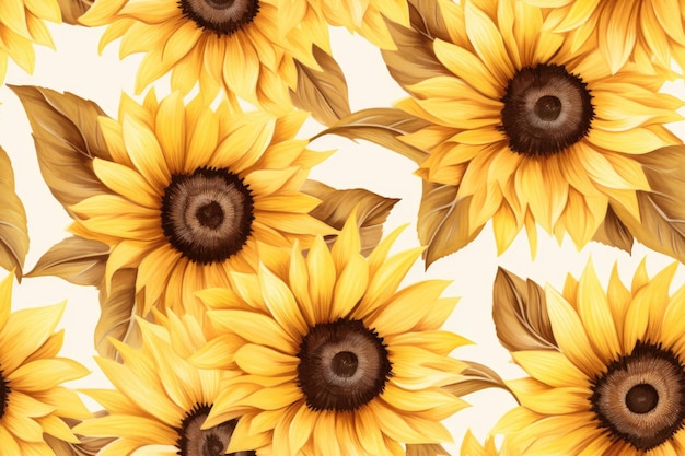 Watercolor retro sunflowers background seamless pattern