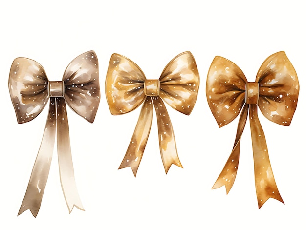 Photo watercolor of ribbon glittery gold string with bow shaped decorations and clipart 2d flat strings