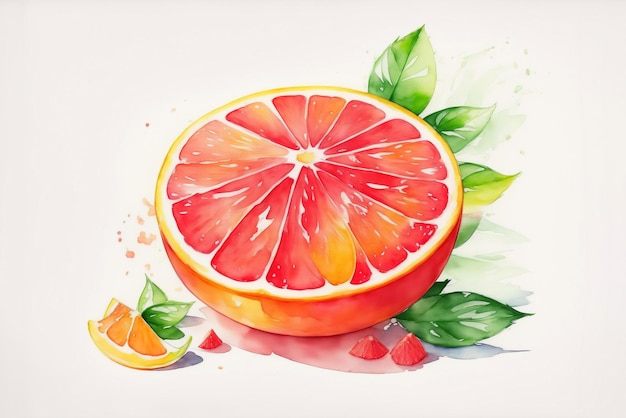 Watercolor Ripe Grapefruit Fruit Illustration with Green Leaves and Colorful Paint Splash