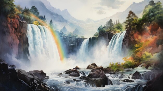 Foto un acquerello di una cascata ruggente con un arcobaleno nella nebbia ai generative