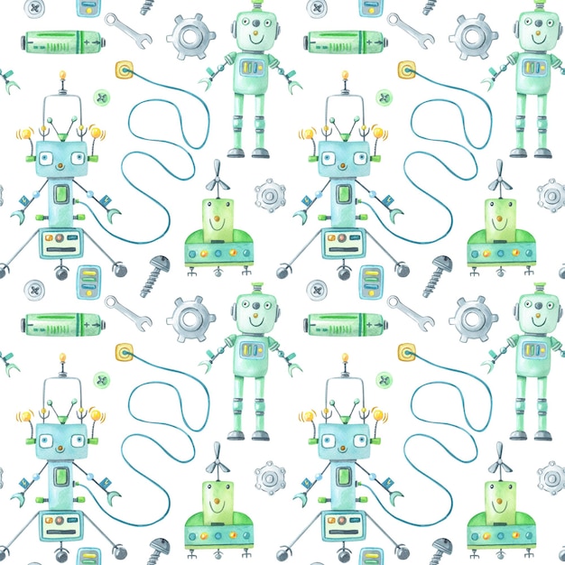 Watercolor robots and tools pattern on white background.