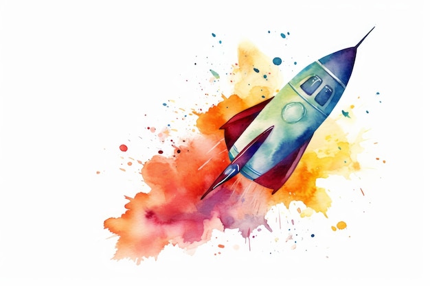 Watercolor rocket ship for an outofthisworld Birthday on white AI generated