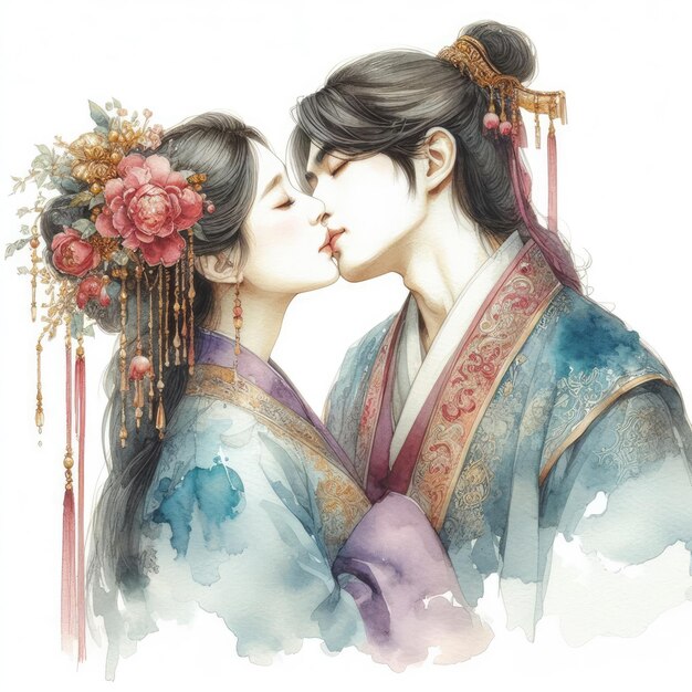 Photo watercolor romance illustrating a tender kiss between lovers