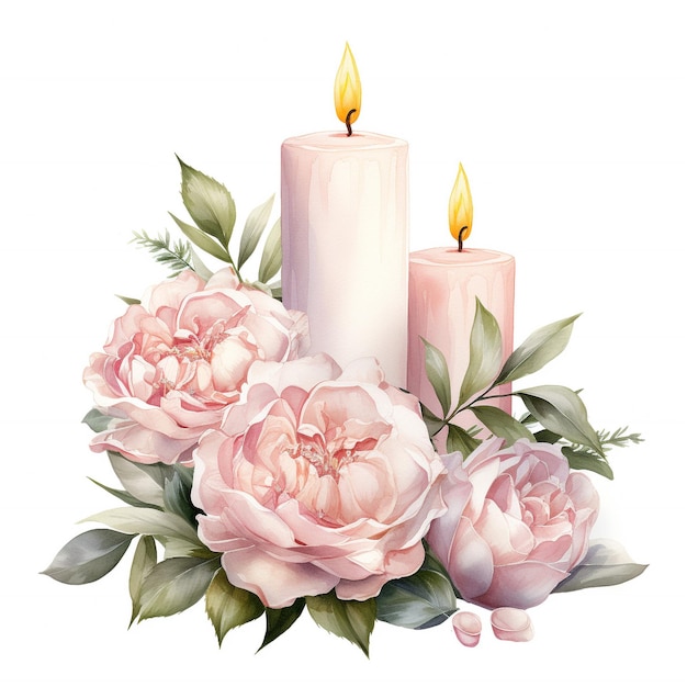 Акварель Романтическая цветочная аранжировка свечи
