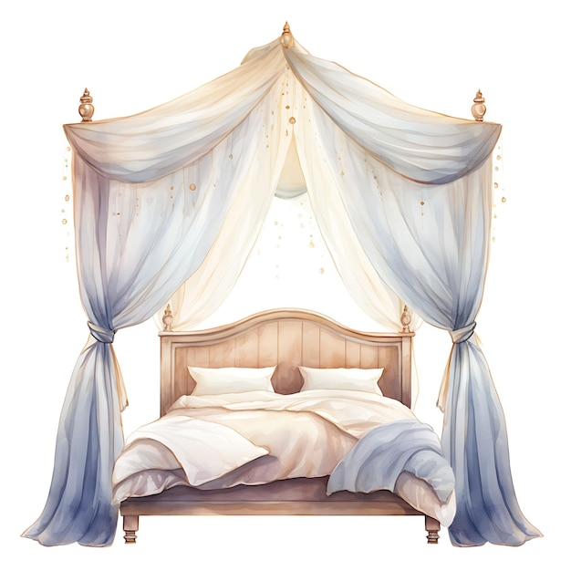 Watercolor of Romantic Canopy Bedchamber a Room With a Dream On White Background With Cozy Place