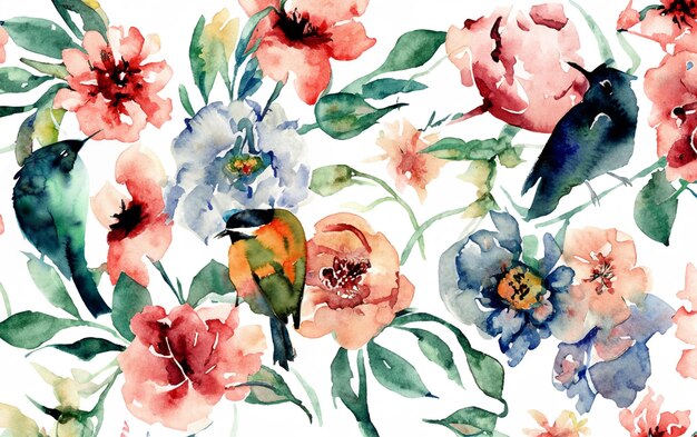 Watercolor romantic floral and bird pattern