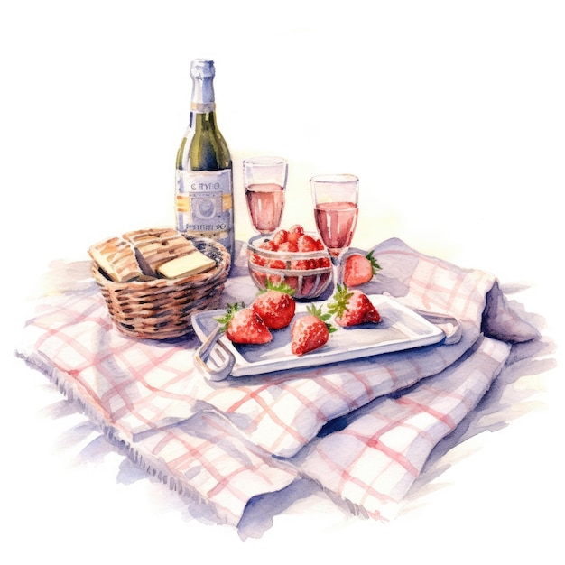 Watercolor of A romantic picnic for two with champagne strawberries and chocolates