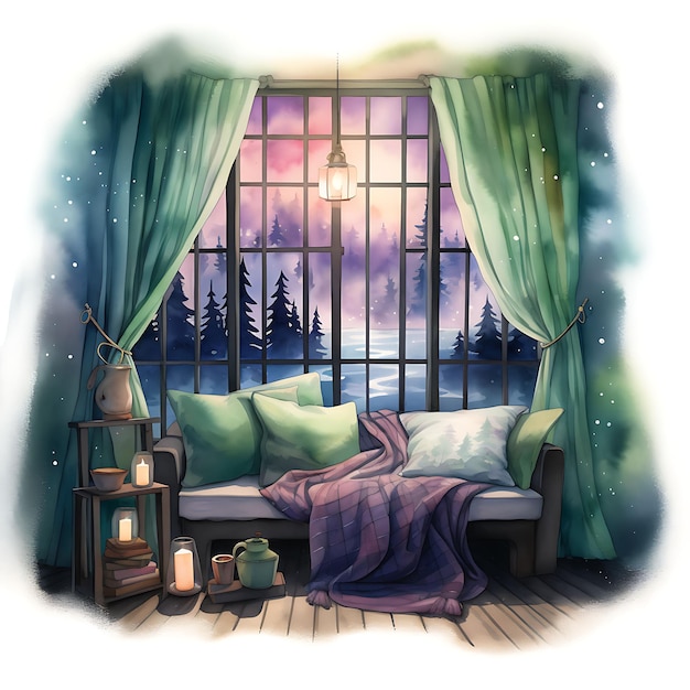 Watercolor Room of Alaskan Aurora Room Northern LightsInspired D On White Background Scene Art