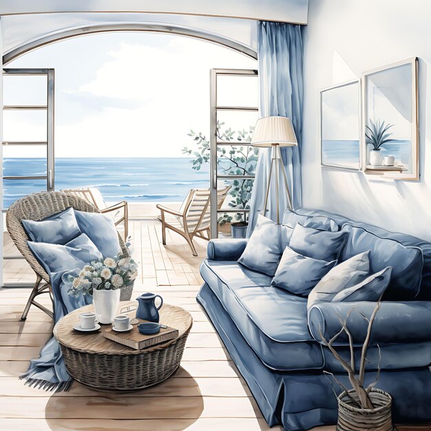 Акварельная комната Хорватского Адриатического побережья Комната SeaInspired Blue On White Background Scene Art