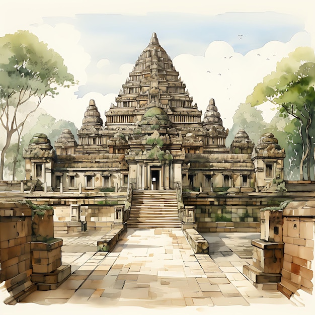 Watercolor Room of Javanese Borobudur Temple Room Ancient Temple On White Background Scene Art