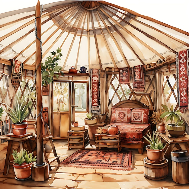 Watercolor room of kazakh yurt room nomadic coziness with traditi on white background scene art