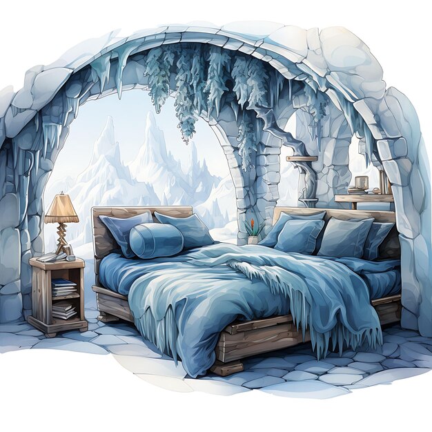 Watercolor room of swedish ice hotel room cozy amidst sculpted ic on white background scene art