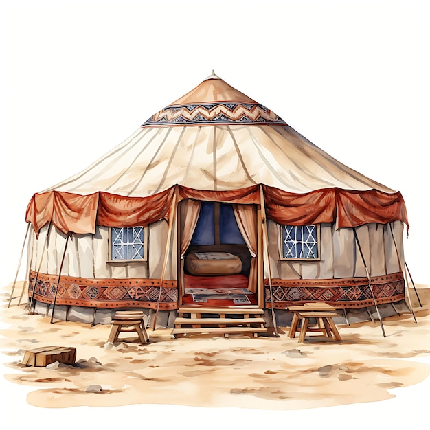 Watercolor Room of Turkmen Desert Yurt Room Embrace the Nomadic Y On White Background Scene Art