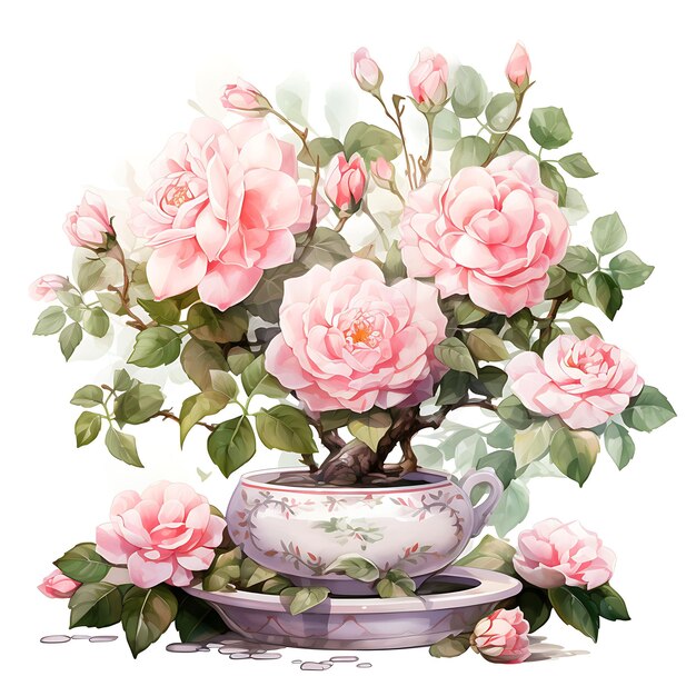 Watercolor rose bonsai porcelain pot compound leaves romantic garden co clipart tshirt isolated