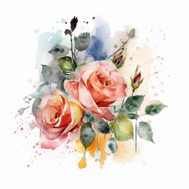 Watercolor rose bouquet white background AI generate illustration