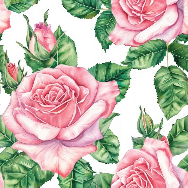 Watercolor rose flowers with leaves seamless pattern