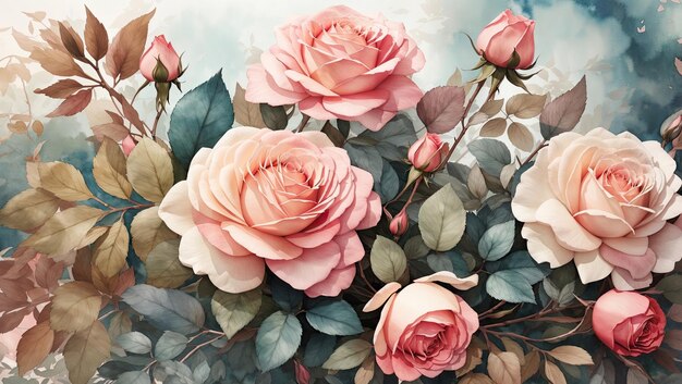 Watercolor Roses and Leaves Digital Rendering