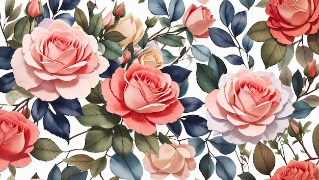 Watercolor Roses and Leaves Digital Rendering