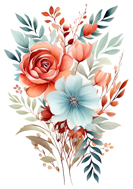 水彩のバラと植物のアート プリント