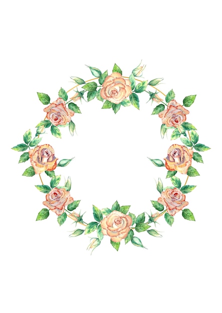 Watercolor round frame decorated with flowers peach roses