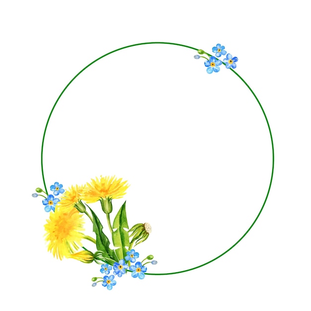 watercolor round frame summer yellow flowers blow ball hand draw dandelions forget me not flowers