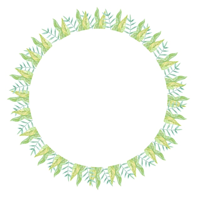 Watercolor Round Frame with Green Leaves