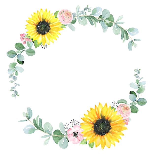 Photo watercolor round frame with greenery and sunflower. hand drawn border